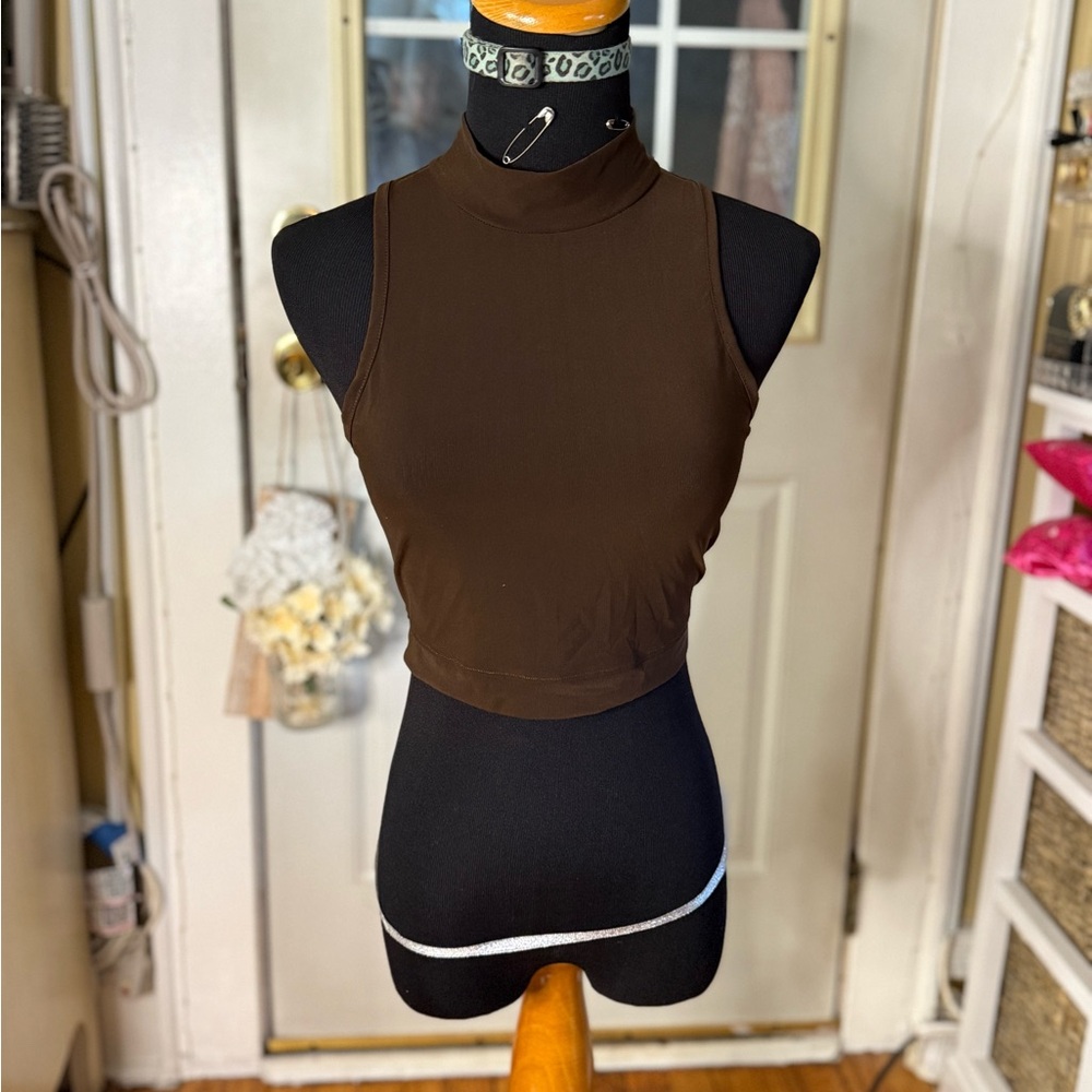 Brown Sleeveless Mesh Mock Neck Top